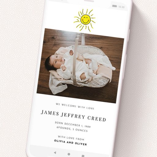 A birth announcement for whatsapp template titled 'Bright Sun'. It is a smartphone screen sized announcement in a portrait orientation. It is a photographic birth announcement for whatsapp with room for 1 photo. 'Bright Sun' is available as a flat announcement, with tones of white and yellow.