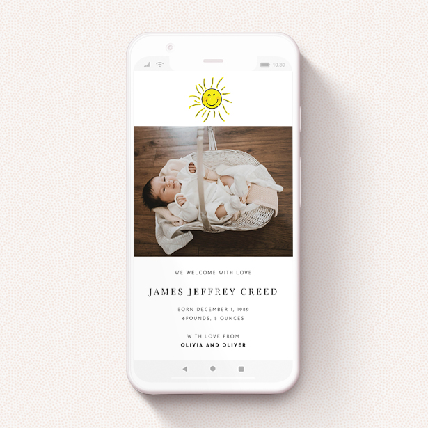 A birth announcement for whatsapp template titled "Bright Sun". It is a smartphone screen sized announcement in a portrait orientation. It is a photographic birth announcement for whatsapp with room for 1 photo. "Bright Sun" is available as a flat announcement, with tones of white and yellow.