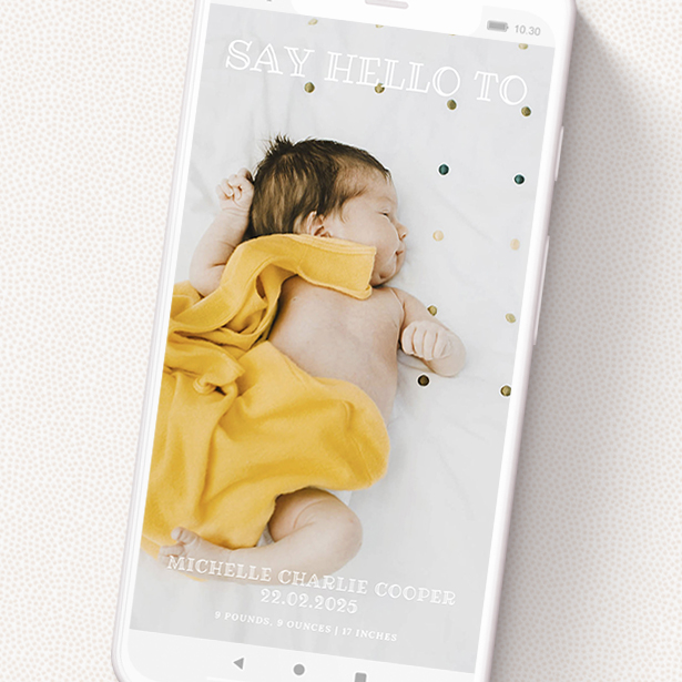 A birth announcement for whatsapp design called 'Bristolian'. It is a smartphone screen sized announcement in a portrait orientation. It is a photographic birth announcement for whatsapp with room for 1 photo. 'Bristolian' is available as a flat announcement, with mainly white colouring.