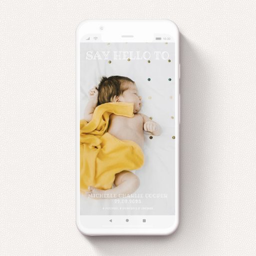 A birth announcement for whatsapp design called "Bristolian". It is a smartphone screen sized announcement in a portrait orientation. It is a photographic birth announcement for whatsapp with room for 1 photo. "Bristolian" is available as a flat announcement, with mainly white colouring.