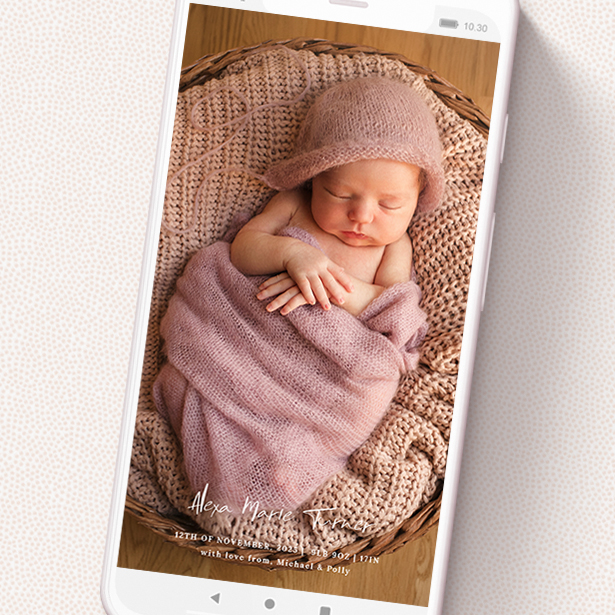A birth announcement for whatsapp named 'Central Script'. It is a smartphone screen sized announcement in a portrait orientation. It is a photographic birth announcement for whatsapp with room for 1 photo. 'Central Script' is available as a flat announcement, with mainly white colouring.