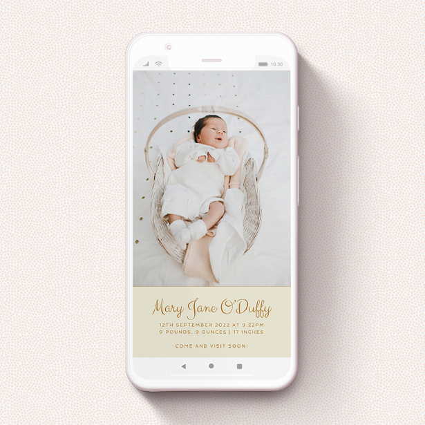 A birth announcement for whatsapp design titled "Cheek by Jowl". It is a smartphone screen sized announcement in a portrait orientation. It is a photographic birth announcement for whatsapp with room for 4 photos. "Cheek by Jowl" is available as a flat announcement, with mainly dark cream colouring.