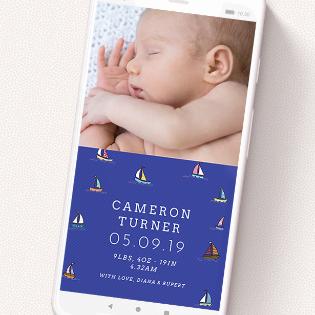 A birth announcement for whatsapp called 'Cowes Week'. It is a smartphone screen sized announcement in a portrait orientation. It is a photographic birth announcement for whatsapp with room for 1 photo. 'Cowes Week' is available as a flat announcement, with tones of blue, green and red.