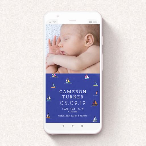 A birth announcement for whatsapp called "Cowes Week". It is a smartphone screen sized announcement in a portrait orientation. It is a photographic birth announcement for whatsapp with room for 1 photo. "Cowes Week" is available as a flat announcement, with tones of blue, green and red.