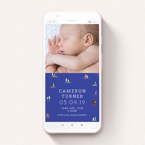 A birth announcement for whatsapp called "Cowes Week". It is a smartphone screen sized announcement in a portrait orientation. It is a photographic birth announcement for whatsapp with room for 1 photo. "Cowes Week" is available as a flat announcement, with tones of blue, green and red.