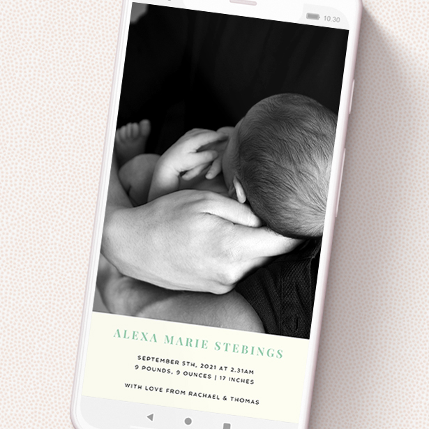 A birth announcement for whatsapp design called 'Duke of York Square'. It is a smartphone screen sized announcement in a portrait orientation. It is a photographic birth announcement for whatsapp with room for 1 photo. 'Duke of York Square' is available as a flat announcement, with tones of white and green.