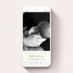 A birth announcement for whatsapp design called "Duke of York Square". It is a smartphone screen sized announcement in a portrait orientation. It is a photographic birth announcement for whatsapp with room for 1 photo. "Duke of York Square" is available as a flat announcement, with tones of white and green.