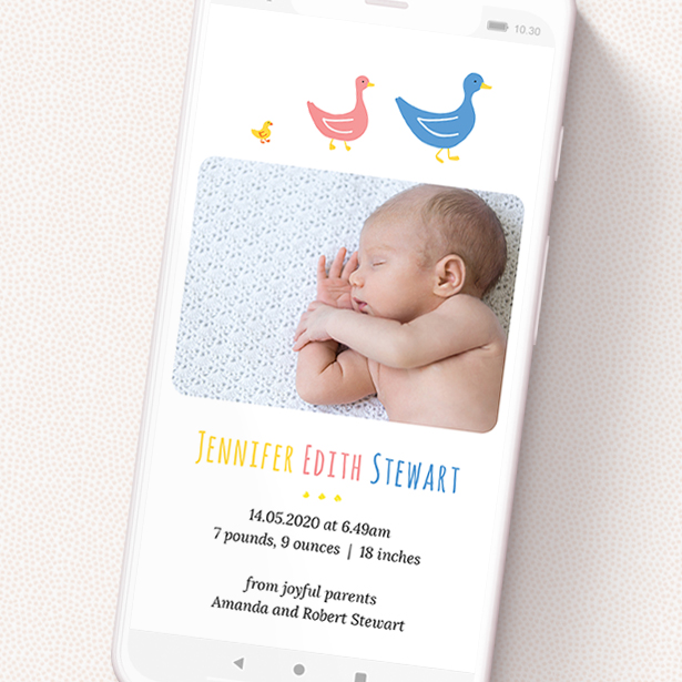 A birth announcement for whatsapp design titled 'Family of Ducks'. It is a smartphone screen sized announcement in a portrait orientation. It is a photographic birth announcement for whatsapp with room for 2 photos. 'Family of Ducks' is available as a flat announcement, with tones of white, blue and pink.