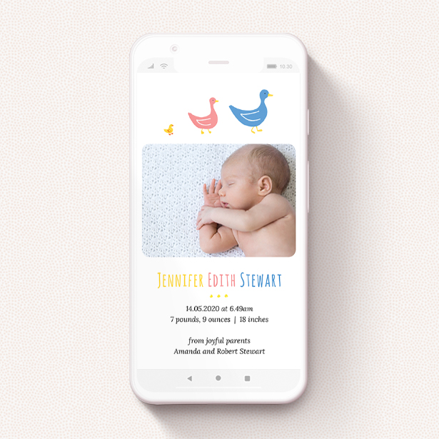 A birth announcement for whatsapp design titled "Family of Ducks". It is a smartphone screen sized announcement in a portrait orientation. It is a photographic birth announcement for whatsapp with room for 2 photos. "Family of Ducks" is available as a flat announcement, with tones of white, blue and pink.