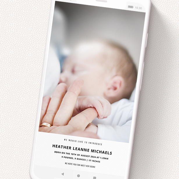 A birth announcement for whatsapp template titled 'Four Fifths Photo'. It is a smartphone screen sized announcement in a portrait orientation. It is a photographic birth announcement for whatsapp with room for 1 photo. 'Four Fifths Photo' is available as a flat announcement, with tones of black and white.
