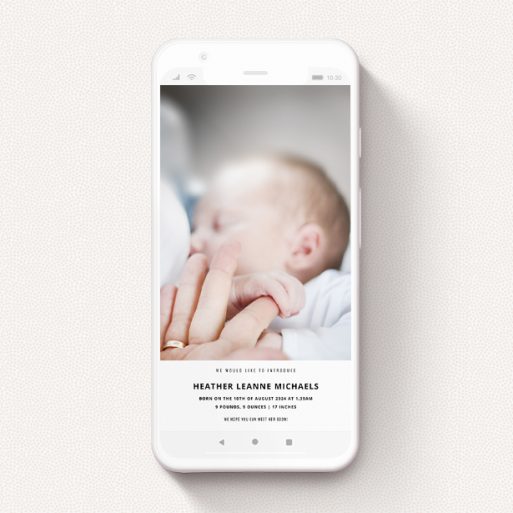 A birth announcement for whatsapp template titled "Four Fifths Photo". It is a smartphone screen sized announcement in a portrait orientation. It is a photographic birth announcement for whatsapp with room for 1 photo. "Four Fifths Photo" is available as a flat announcement, with tones of black and white.