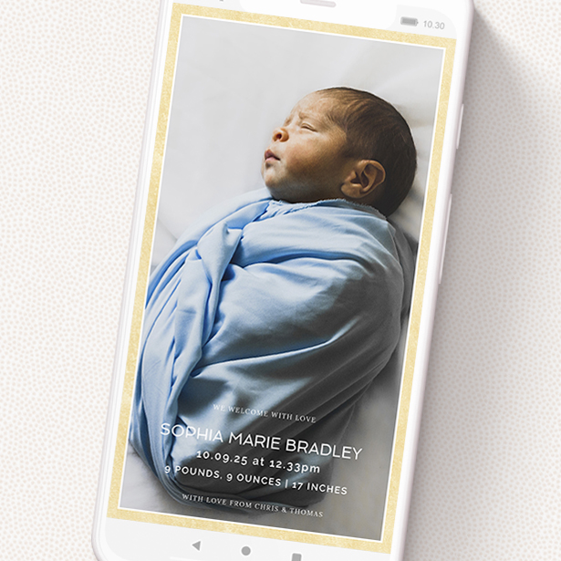 A birth announcement for whatsapp named 'Framed Up'. It is a smartphone screen sized announcement in a portrait orientation. It is a photographic birth announcement for whatsapp with room for 1 photo. 'Framed Up' is available as a flat announcement, with mainly gold colouring.