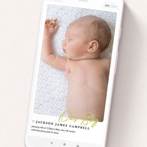 A birth announcement for whatsapp design named 'Gold Stamp - Boy'. It is a smartphone screen sized announcement in a portrait orientation. It is a photographic birth announcement for whatsapp with room for 1 photo. 'Gold Stamp - Boy' is available as a flat announcement, with tones of white and blue.