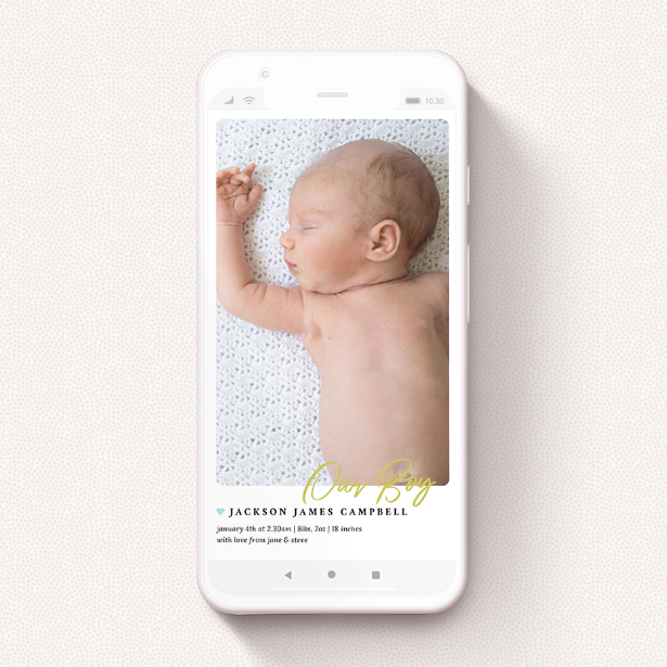 A birth announcement for whatsapp design named "Gold Stamp - Boy". It is a smartphone screen sized announcement in a portrait orientation. It is a photographic birth announcement for whatsapp with room for 1 photo. "Gold Stamp - Boy" is available as a flat announcement, with tones of white and blue.