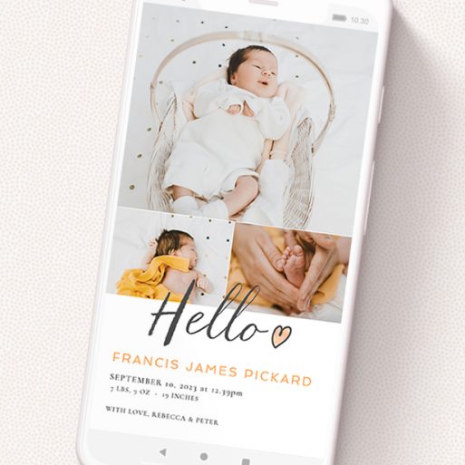 A birth announcement for whatsapp design titled 'Handwritten Hello'. It is a smartphone screen sized announcement in a portrait orientation. It is a photographic birth announcement for whatsapp with room for 3 photos. 'Handwritten Hello' is available as a flat announcement, with tones of white and orange.