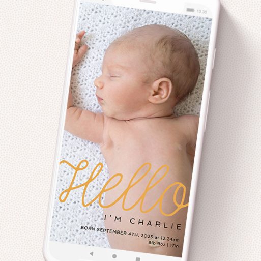A birth announcement for whatsapp template titled 'Hello Cursive'. It is a smartphone screen sized announcement in a portrait orientation. It is a photographic birth announcement for whatsapp with room for 3 photos. 'Hello Cursive' is available as a flat announcement, with tones of orange and black.