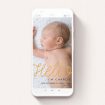 A birth announcement for whatsapp template titled "Hello Cursive". It is a smartphone screen sized announcement in a portrait orientation. It is a photographic birth announcement for whatsapp with room for 3 photos. "Hello Cursive" is available as a flat announcement, with tones of orange and black.