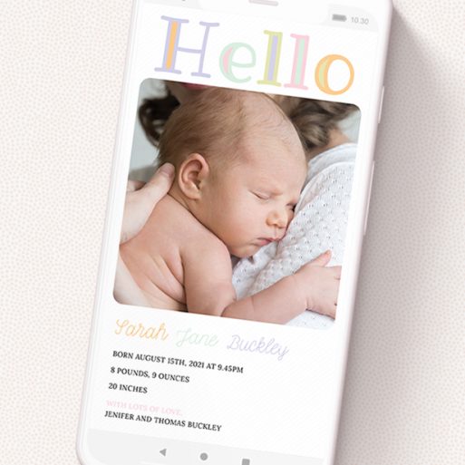 A birth announcement for whatsapp design named 'Hello Pastels'. It is a smartphone screen sized announcement in a portrait orientation. It is a photographic birth announcement for whatsapp with room for 1 photo. 'Hello Pastels' is available as a flat announcement, with tones of white and green.