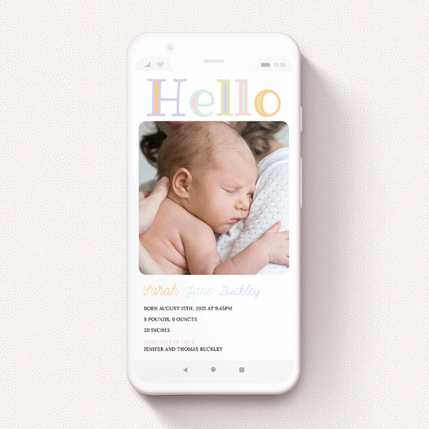 A birth announcement for whatsapp design named "Hello Pastels". It is a smartphone screen sized announcement in a portrait orientation. It is a photographic birth announcement for whatsapp with room for 1 photo. "Hello Pastels" is available as a flat announcement, with tones of white and green.