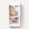 A birth announcement for whatsapp called "Hello". It is a smartphone screen sized announcement in a portrait orientation. It is a photographic birth announcement for whatsapp with room for 1 photo. "Hello" is available as a flat announcement, with mainly black colouring.