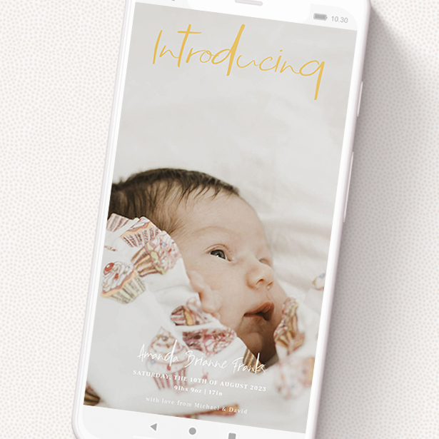 A birth announcement for whatsapp design titled 'Jagger'. It is a smartphone screen sized announcement in a portrait orientation. It is a photographic birth announcement for whatsapp with room for 1 photo. 'Jagger' is available as a flat announcement, with mainly light orange colouring.