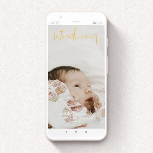 A birth announcement for whatsapp design titled "Jagger". It is a smartphone screen sized announcement in a portrait orientation. It is a photographic birth announcement for whatsapp with room for 1 photo. "Jagger" is available as a flat announcement, with mainly light orange colouring.
