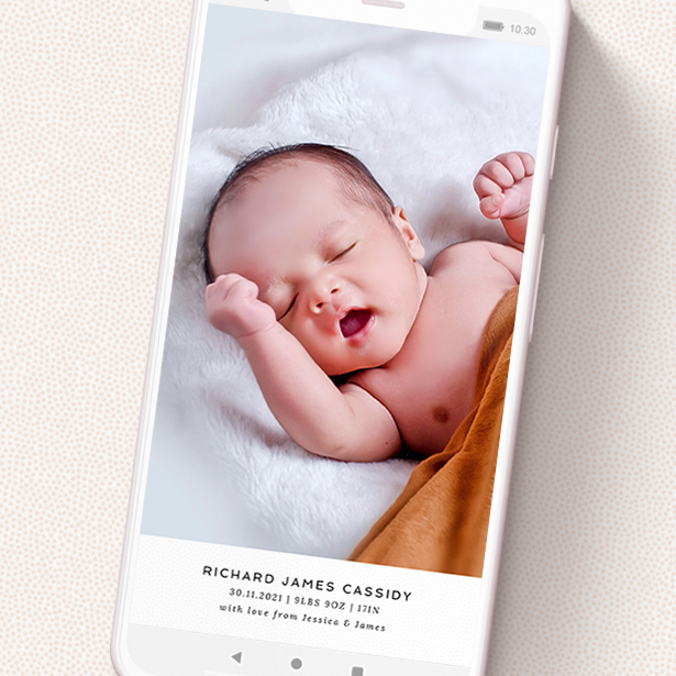 A birth announcement for whatsapp called 'Landscape Photo'. It is a smartphone screen sized announcement in a portrait orientation. It is a photographic birth announcement for whatsapp with room for 1 photo. 'Landscape Photo' is available as a flat announcement, with tones of black and white.