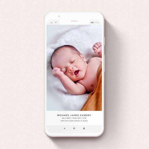 A birth announcement for whatsapp called "Landscape Photo". It is a smartphone screen sized announcement in a portrait orientation. It is a photographic birth announcement for whatsapp with room for 1 photo. "Landscape Photo" is available as a flat announcement, with tones of black and white.