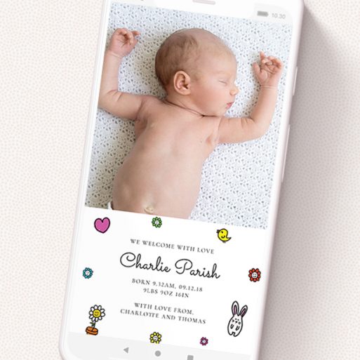 A birth announcement for whatsapp named 'Nursery Abstract'. It is a smartphone screen sized announcement in a portrait orientation. It is a photographic birth announcement for whatsapp with room for 1 photo. 'Nursery Abstract' is available as a flat announcement, with tones of black and white.