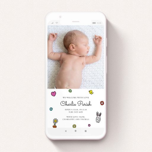 A birth announcement for whatsapp named "Nursery Abstract". It is a smartphone screen sized announcement in a portrait orientation. It is a photographic birth announcement for whatsapp with room for 1 photo. "Nursery Abstract" is available as a flat announcement, with tones of black and white.