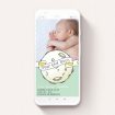 A birth announcement for whatsapp called "Over the Moon". It is a smartphone screen sized announcement in a portrait orientation. It is a photographic birth announcement for whatsapp with room for 2 photos. "Over the Moon" is available as a flat announcement, with tones of green and white.