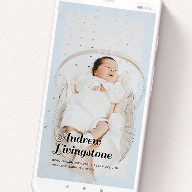 A birth announcement for whatsapp template titled 'Pastel Diagonals'. It is a smartphone screen sized announcement in a portrait orientation. It is a photographic birth announcement for whatsapp with room for 1 photo. 'Pastel Diagonals' is available as a flat announcement, with mainly blue colouring.