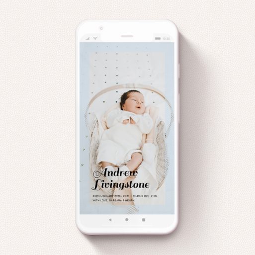 A birth announcement for whatsapp template titled "Pastel Diagonals". It is a smartphone screen sized announcement in a portrait orientation. It is a photographic birth announcement for whatsapp with room for 1 photo. "Pastel Diagonals" is available as a flat announcement, with mainly blue colouring.