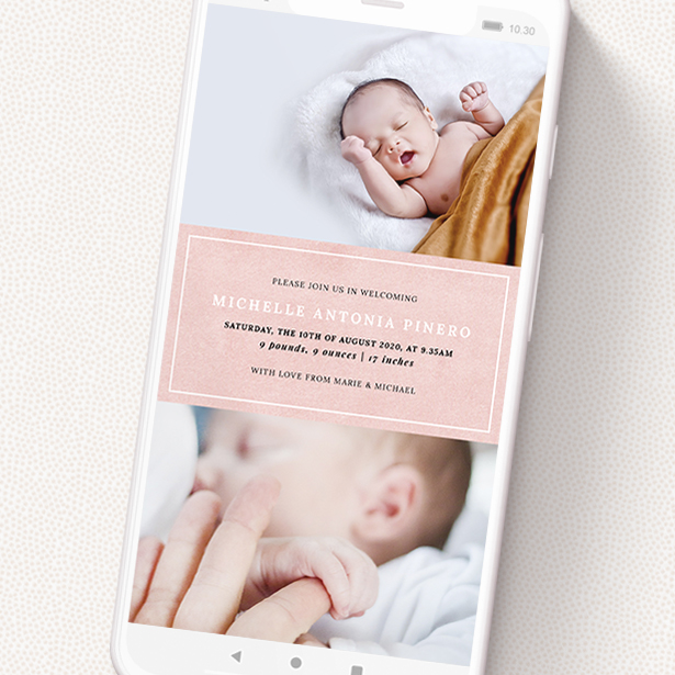 A birth announcement for whatsapp called 'Pink in the Middle'. It is a smartphone screen sized announcement in a portrait orientation. It is a photographic birth announcement for whatsapp with room for 2 photos. 'Pink in the Middle' is available as a flat announcement, with tones of pink and white.