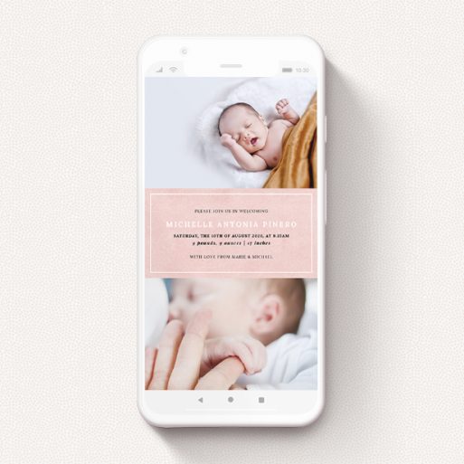A birth announcement for whatsapp called "Pink in the Middle". It is a smartphone screen sized announcement in a portrait orientation. It is a photographic birth announcement for whatsapp with room for 2 photos. "Pink in the Middle" is available as a flat announcement, with tones of pink and white.
