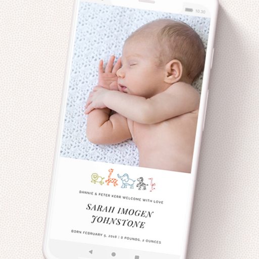 A birth announcement for whatsapp design named 'Playground Safari'. It is a smartphone screen sized announcement in a portrait orientation. It is a photographic birth announcement for whatsapp with room for 1 photo. 'Playground Safari' is available as a flat announcement, with tones of white and orange.