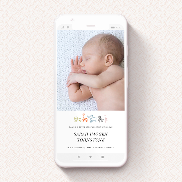 A birth announcement for whatsapp design named "Playground Safari". It is a smartphone screen sized announcement in a portrait orientation. It is a photographic birth announcement for whatsapp with room for 1 photo. "Playground Safari" is available as a flat announcement, with tones of white and orange.
