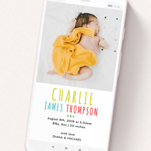 A birth announcement for whatsapp design called 'Playroom Lion'. It is a smartphone screen sized announcement in a portrait orientation. It is a photographic birth announcement for whatsapp with room for 1 photo. 'Playroom Lion' is available as a flat announcement, with tones of white and blue.