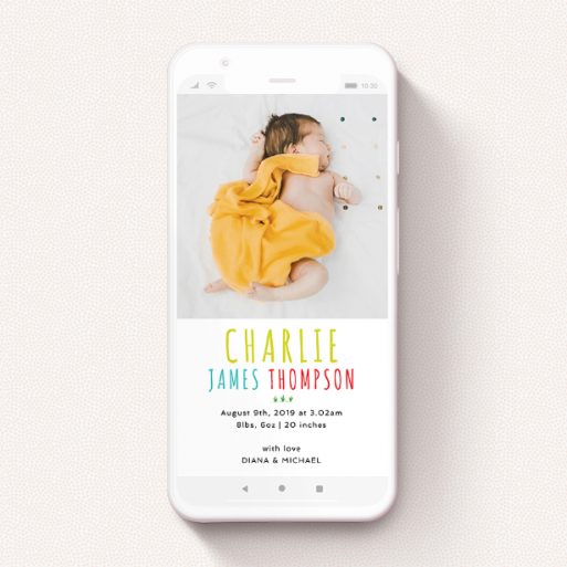 A birth announcement for whatsapp design called "Playroom Lion". It is a smartphone screen sized announcement in a portrait orientation. It is a photographic birth announcement for whatsapp with room for 1 photo. "Playroom Lion" is available as a flat announcement, with tones of white and blue.
