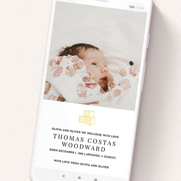 A birth announcement for whatsapp called 'Playtime'. It is a smartphone screen sized announcement in a portrait orientation. It is a photographic birth announcement for whatsapp with room for 1 photo. 'Playtime' is available as a flat announcement, with tones of white and yellow.