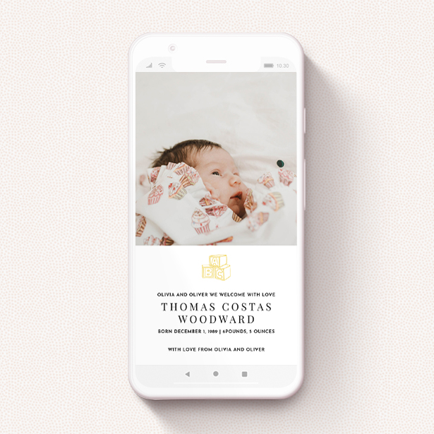 A birth announcement for whatsapp called "Playtime". It is a smartphone screen sized announcement in a portrait orientation. It is a photographic birth announcement for whatsapp with room for 1 photo. "Playtime" is available as a flat announcement, with tones of white and yellow.