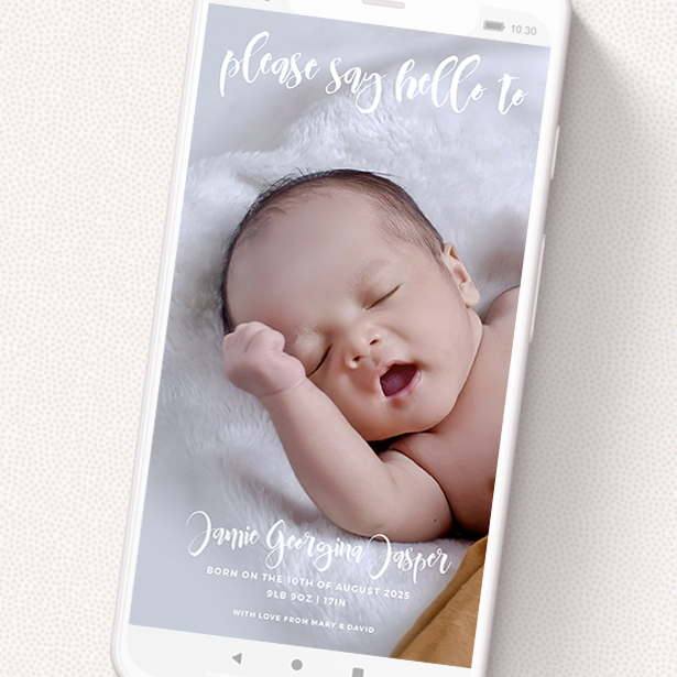 A birth announcement for whatsapp design called 'Please Join Us'. It is a smartphone screen sized announcement in a portrait orientation. It is a photographic birth announcement for whatsapp with room for 1 photo. 'Please Join Us' is available as a flat announcement, with mainly white colouring.