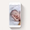 A birth announcement for whatsapp design called "Please Join Us". It is a smartphone screen sized announcement in a portrait orientation. It is a photographic birth announcement for whatsapp with room for 1 photo. "Please Join Us" is available as a flat announcement, with mainly white colouring.