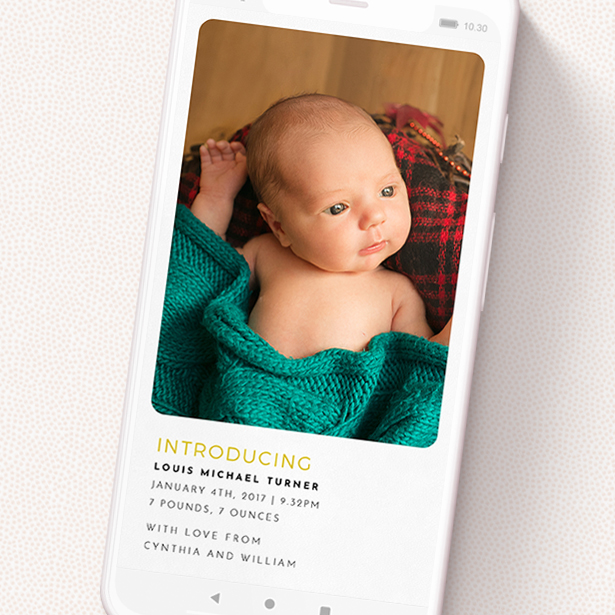 A birth announcement for whatsapp design titled 'Quarters'. It is a smartphone screen sized announcement in a portrait orientation. It is a photographic birth announcement for whatsapp with room for 3 photos. 'Quarters' is available as a flat announcement, with tones of yellow and white.