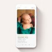 A birth announcement for whatsapp design titled "Quarters". It is a smartphone screen sized announcement in a portrait orientation. It is a photographic birth announcement for whatsapp with room for 3 photos. "Quarters" is available as a flat announcement, with tones of yellow and white.