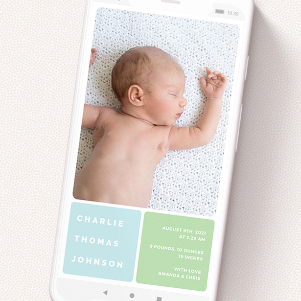 A birth announcement for whatsapp design called 'Rounded Corners'. It is a smartphone screen sized announcement in a portrait orientation. It is a photographic birth announcement for whatsapp with room for 2 photos. 'Rounded Corners' is available as a flat announcement, with tones of blue and green.