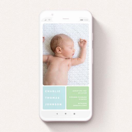 A birth announcement for whatsapp design called "Rounded Corners". It is a smartphone screen sized announcement in a portrait orientation. It is a photographic birth announcement for whatsapp with room for 2 photos. "Rounded Corners" is available as a flat announcement, with tones of blue and green.