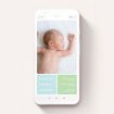A birth announcement for whatsapp design called "Rounded Corners". It is a smartphone screen sized announcement in a portrait orientation. It is a photographic birth announcement for whatsapp with room for 2 photos. "Rounded Corners" is available as a flat announcement, with tones of blue and green.
