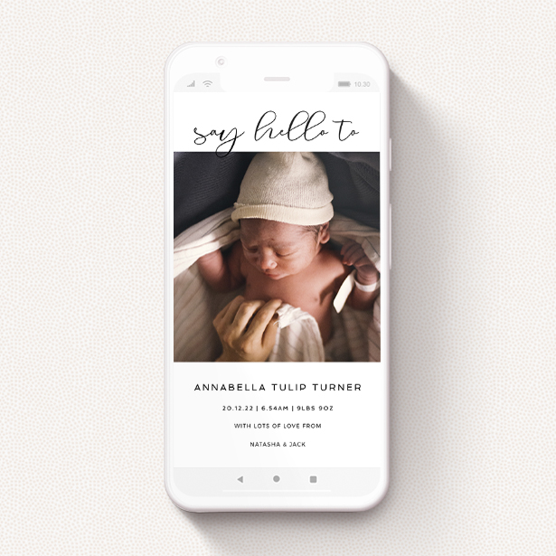 A birth announcement for whatsapp design named "Simple Setting". It is a smartphone screen sized announcement in a portrait orientation. It is a photographic birth announcement for whatsapp with room for 1 photo. "Simple Setting" is available as a flat announcement, with mainly white colouring.