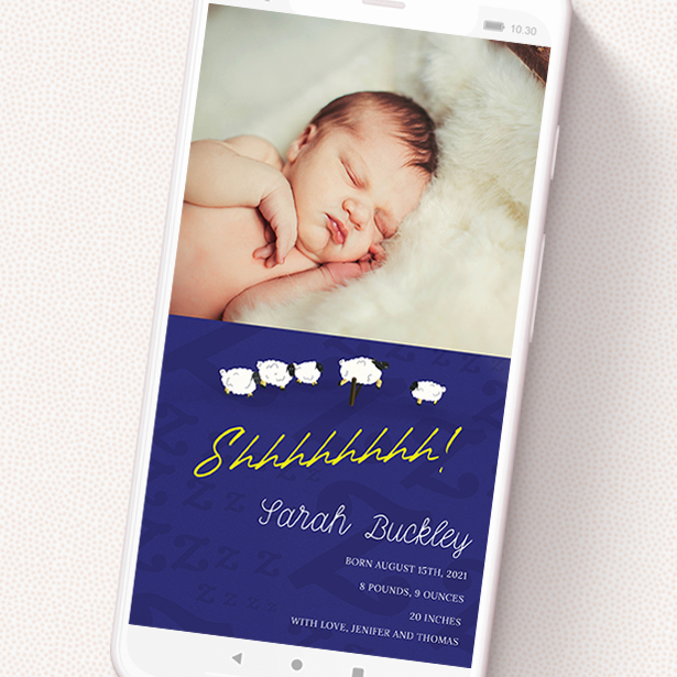 A birth announcement for whatsapp template titled 'Sleepy Time'. It is a smartphone screen sized announcement in a portrait orientation. It is a photographic birth announcement for whatsapp with room for 1 photo. 'Sleepy Time' is available as a flat announcement, with mainly blue colouring.